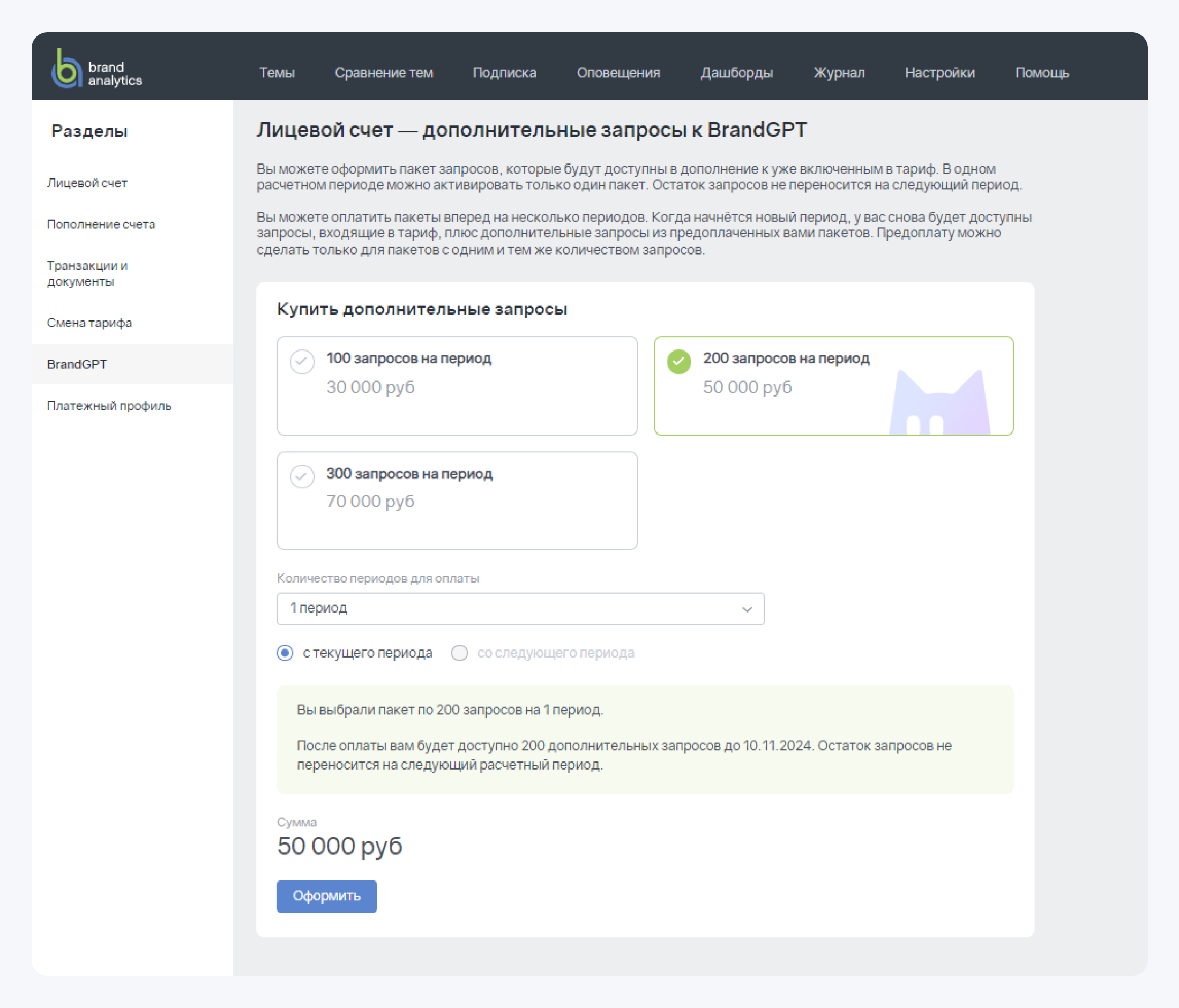Возможность докупать дополнительные запросы к BrandGPT